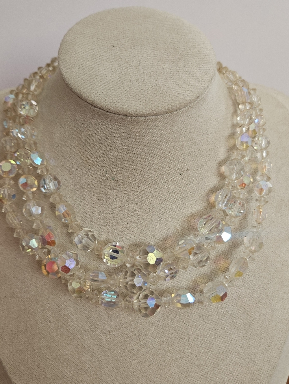 Vintage Aurora Borealis Glass Beaded Triple Strand Necklace AB Multistrand